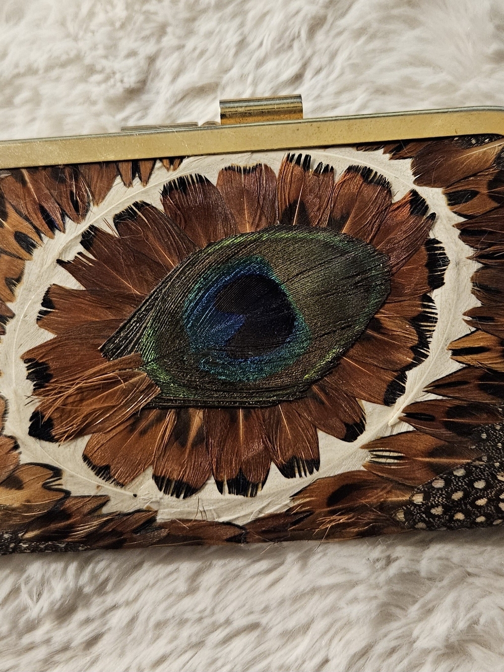 Peacock Feather Accent Clutch - Brown & Green